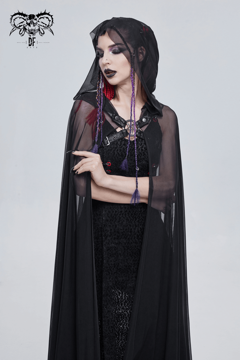 Gothic Long Cloak with Hood / Elegant Women's Buckles Sheer Cape / Black Cloak with Pentagram - HARD'N'HEAVY