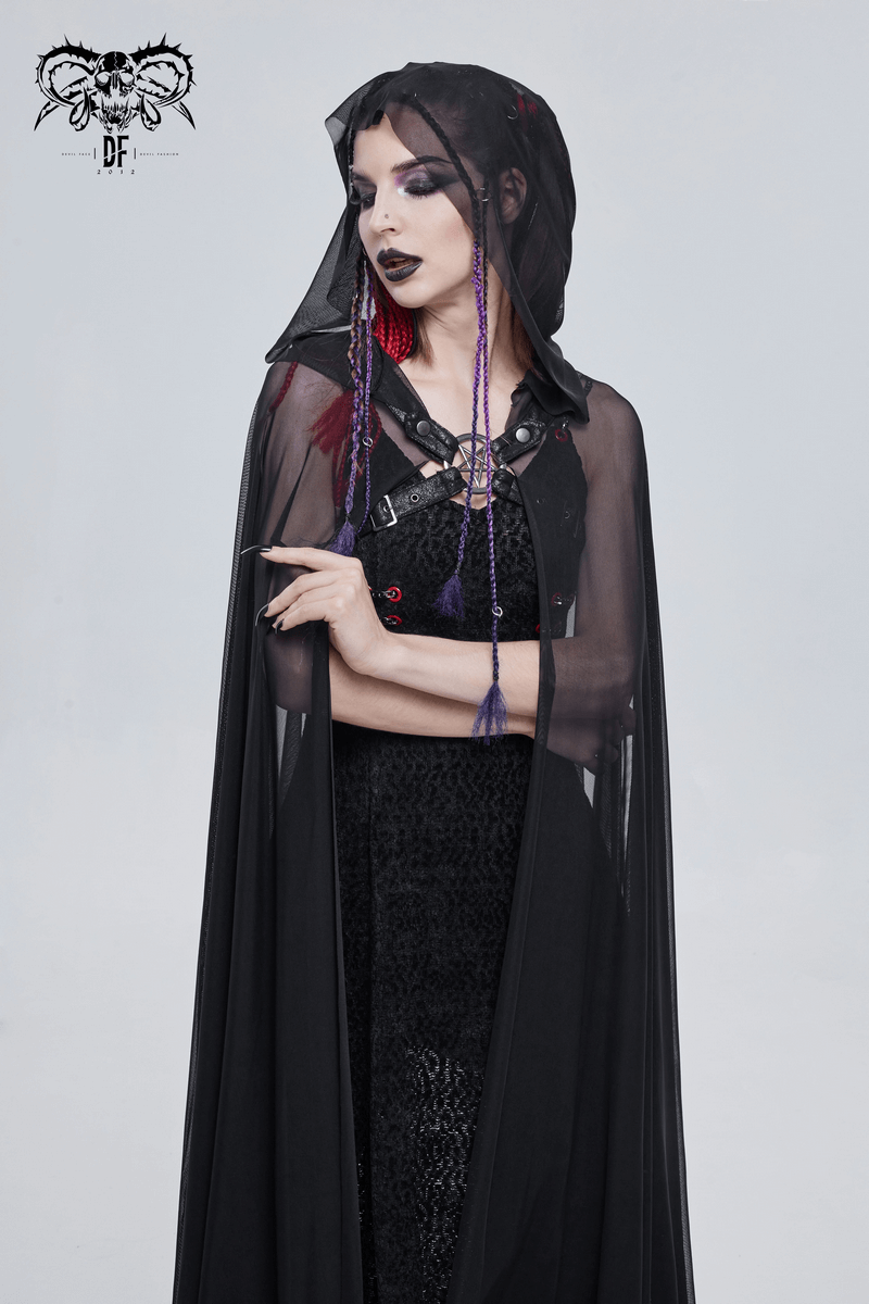 Gothic long black cloak with hood worn by a woman, featuring sheer fabric and stylish buckles, perfect for a dramatic look.