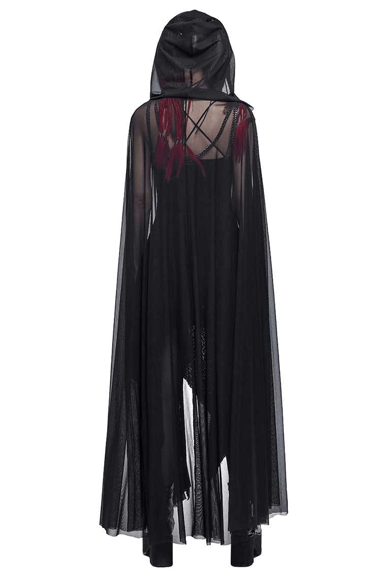 Black gothic long cloak with hood showcasing sheer fabric and pentagram detail, perfect for an elegant gothic look.