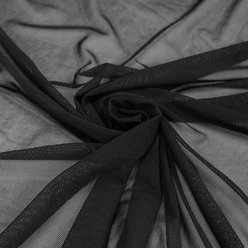 Close-up of sheer black fabric, perfect for a gothic cloak, showcasing lightweight and elegant texture.