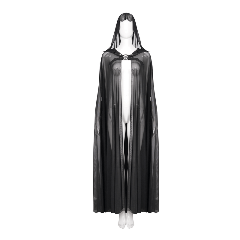 Elegant black gothic long cloak with hood and sheer fabric, featuring a pentagram and stylish buckles.