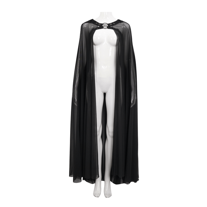 Elegant black gothic cloak with hood and buckles, featuring sheer fabric and pentagram detail, perfect for a stylish look.