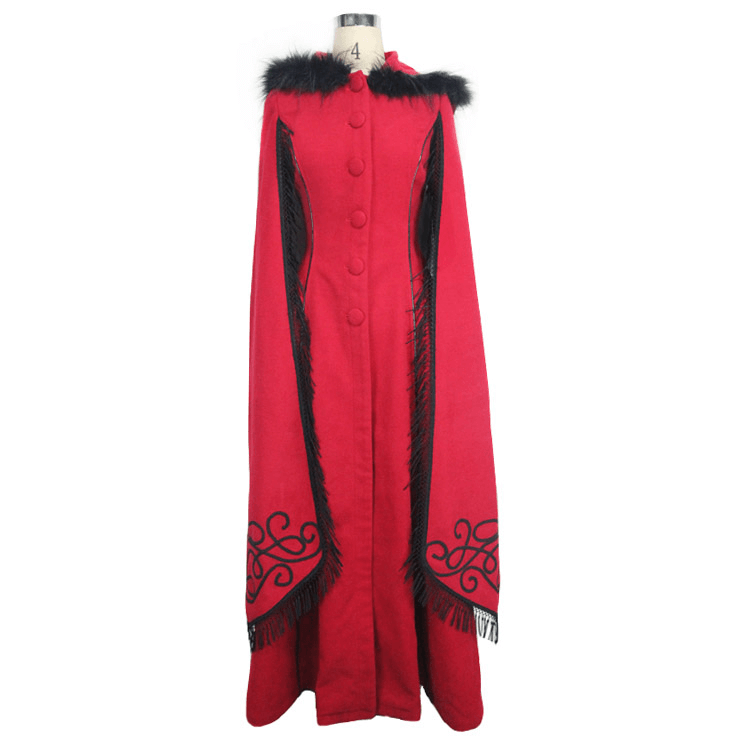 Gothic Long Coat with Fur Hooded / Women's Red Coat  with Long Sleeves - HARD'N'HEAVY