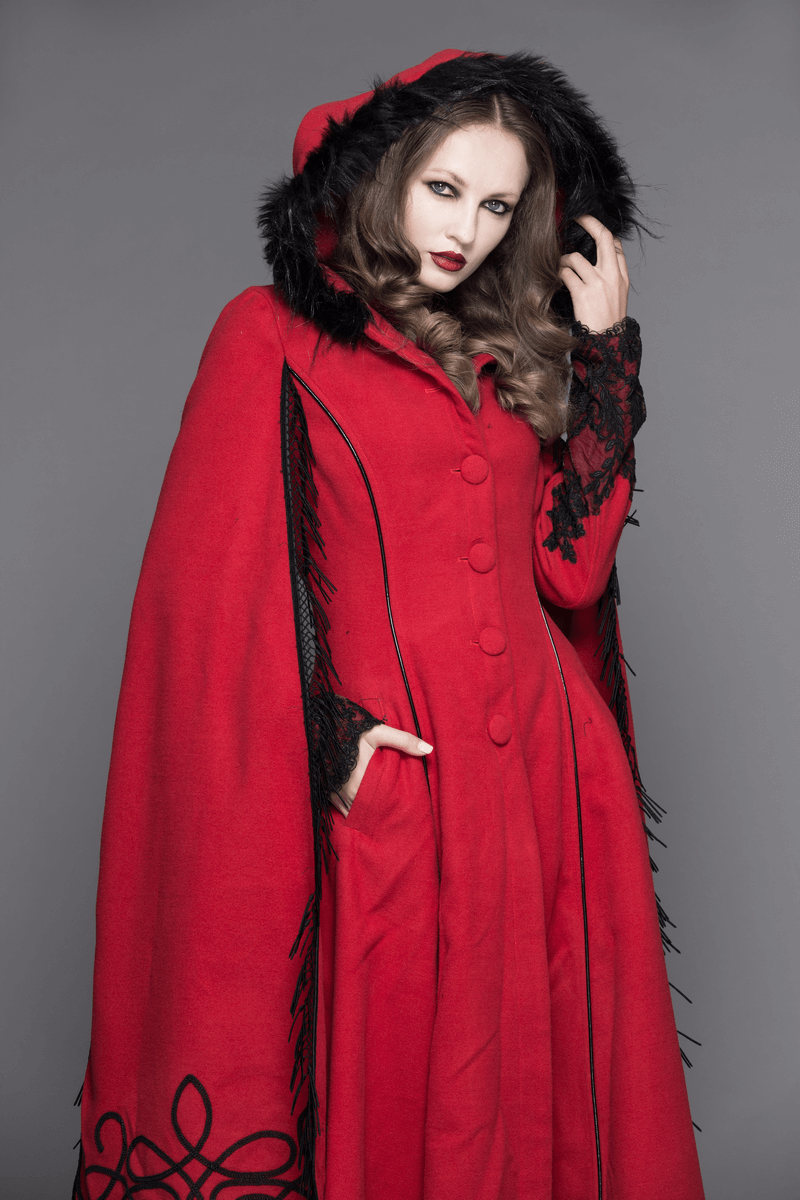 Gothic Long Coat with Fur Hooded / Women's Red Coat  with Long Sleeves - HARD'N'HEAVY