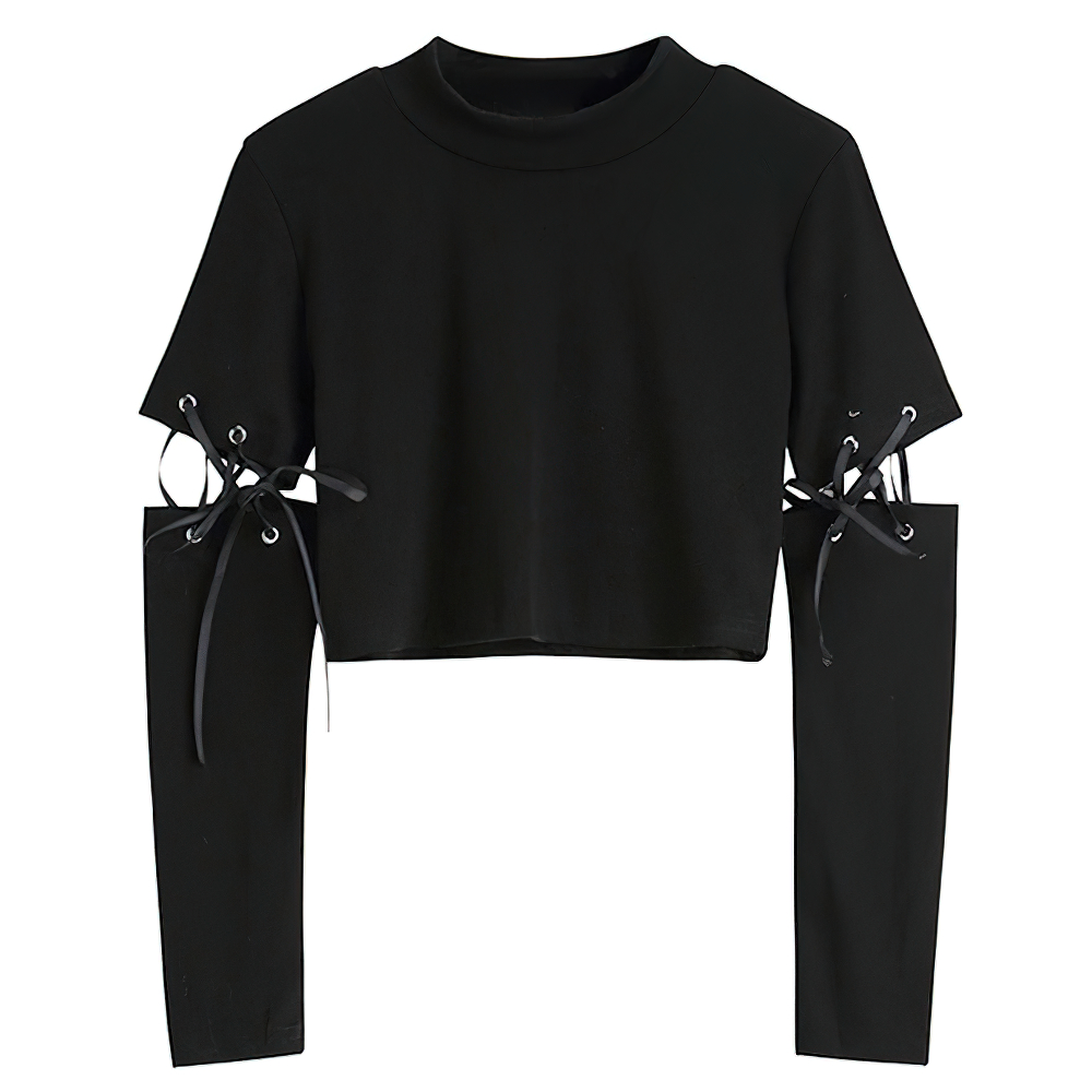 Gothic Long Sleeve Split Drawstring Lace-up Crop Top / Trendy Women's Black O-Neck Tops - HARD'N'HEAVY