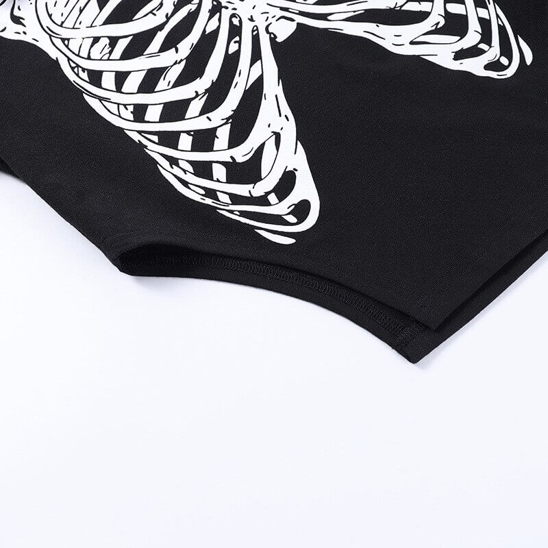 Gothic Long Sleeves Crop Top with Face Mask / Sexy Women's Black Skeleton Printed Turtleneck - HARD'N'HEAVY