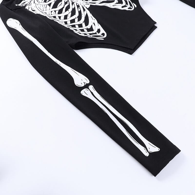 Gothic Long Sleeves Crop Top with Face Mask / Sexy Women's Black Skeleton Printed Turtleneck - HARD'N'HEAVY