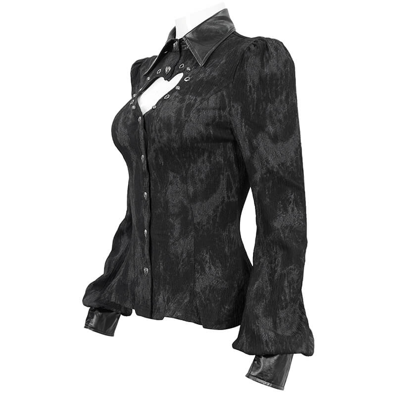 Gothic long sleeves lace-up back blouse for women in black, featuring heart-shaped cutout and puffed sleeves.