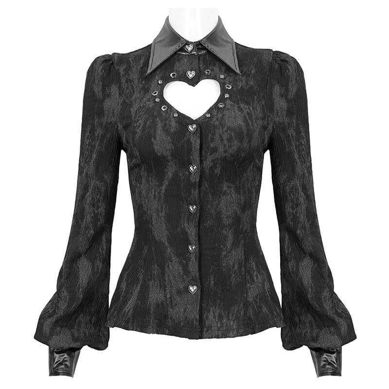 Gothic long sleeves black blouse with heart-shaped cutout and lace-up back for women.