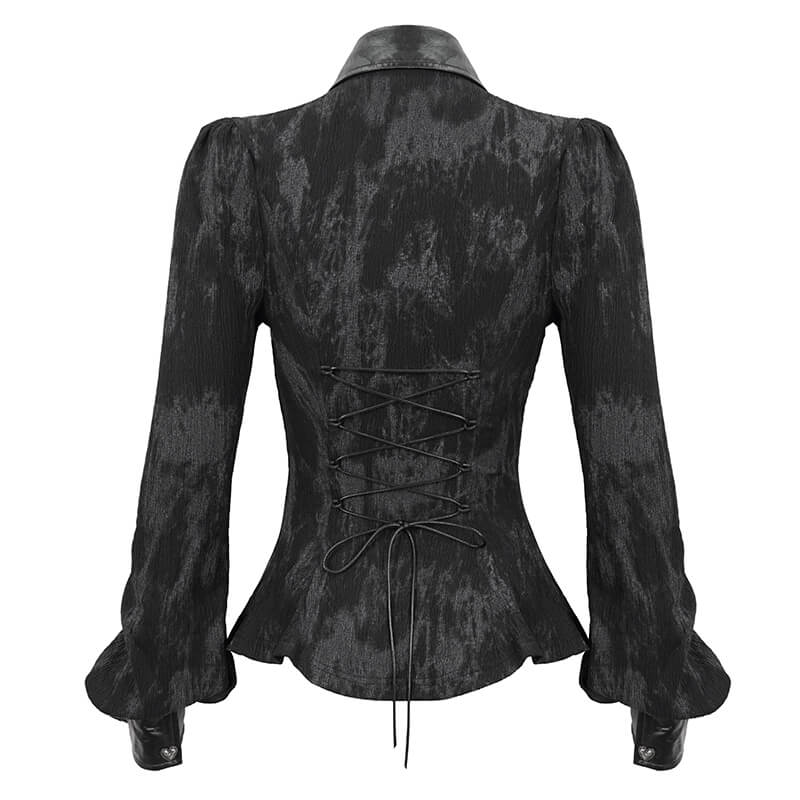 Gothic black long sleeve blouse with lace-up back design and romantic silhouette for women.