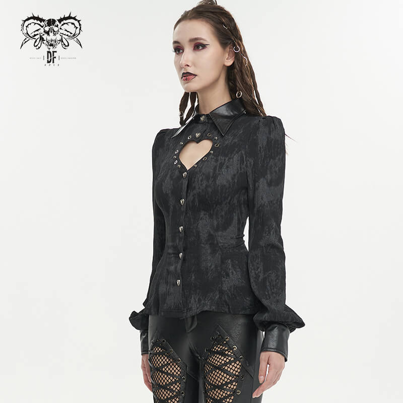 Gothic women's long sleeve lace-up back blouse with heart-shaped cutout, stylish black shirt for a punk-inspired look.