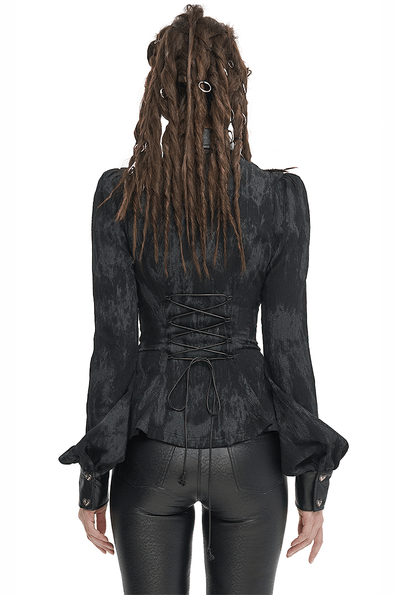 Back view of gothic long sleeve blouse with lace-up detail, showcasing a punk style for women.
