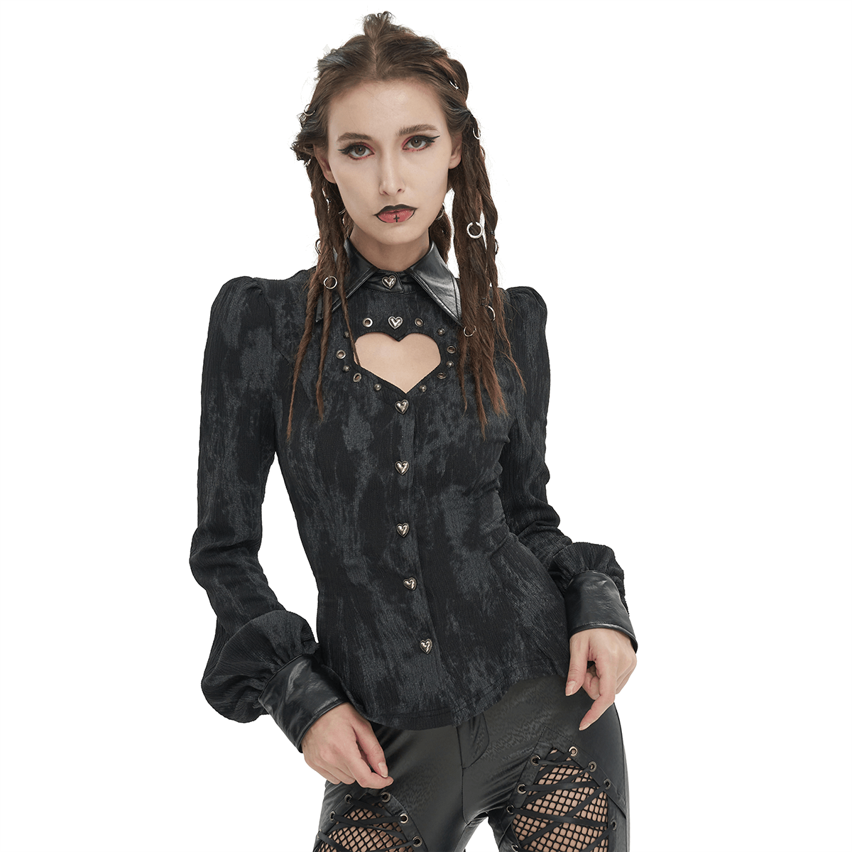 Gothic Long Sleeves Lace-Up Back Blouse for Women / Punk Black Shirt with Heart-Shaped Cutout