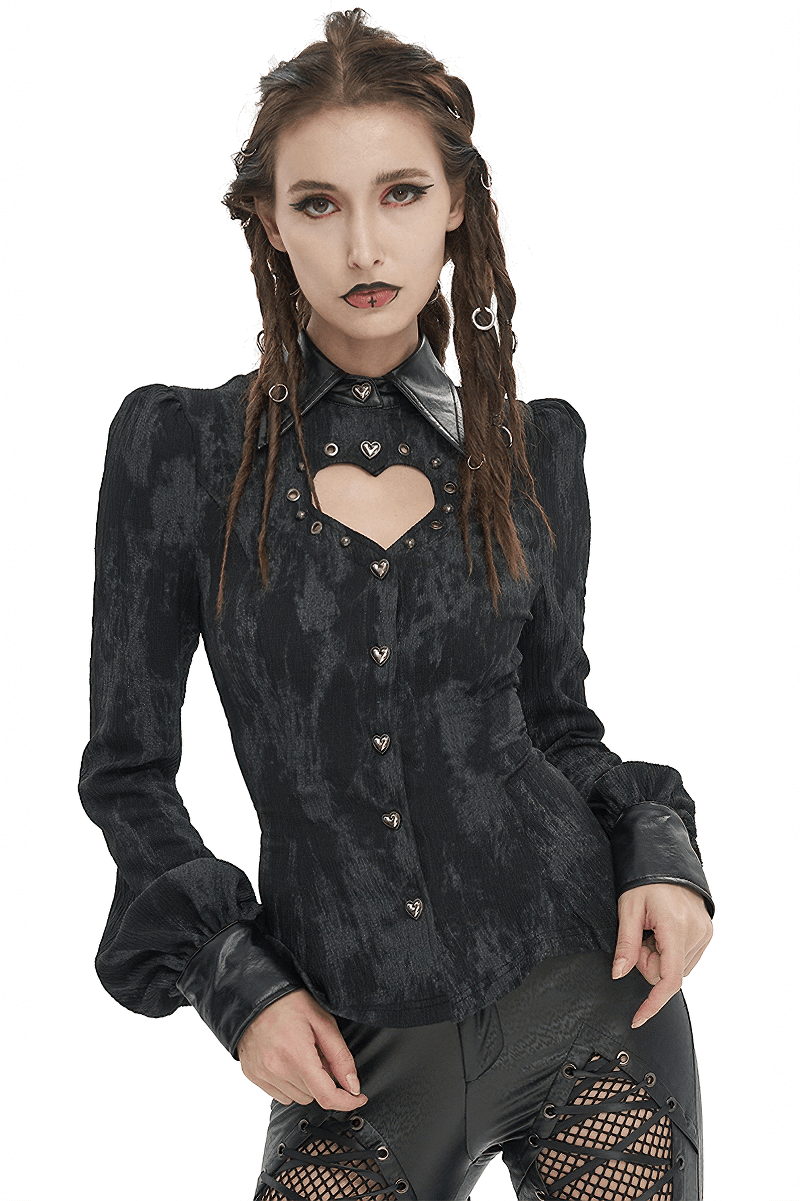 Gothic women's long sleeve blouse with lace-up back and heart-shaped cutout, perfect for a punk-inspired look.