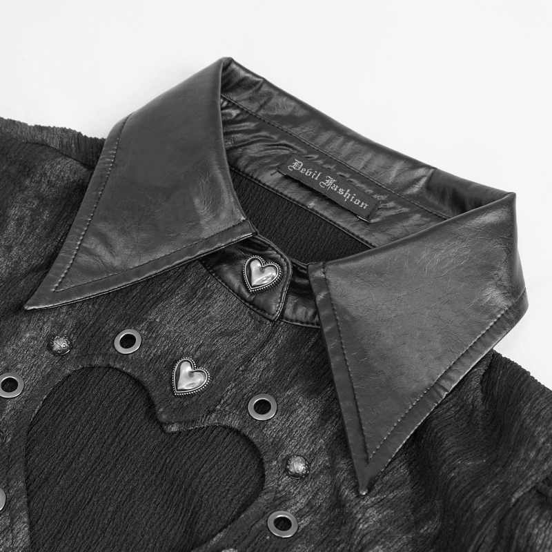 Gothic long sleeves black blouse with heart-shaped cutout and leather collar details.