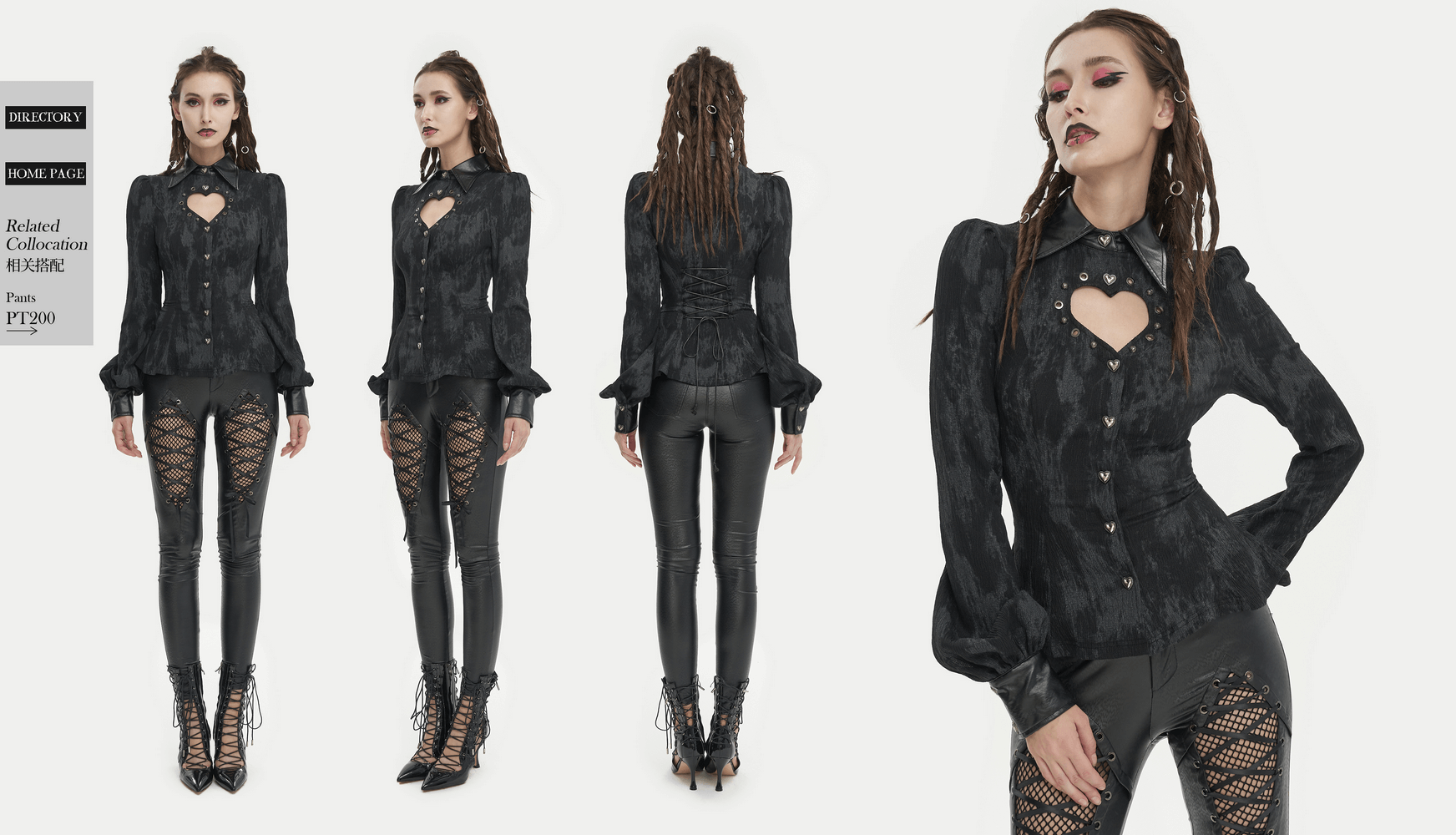 Gothic long sleeves black blouse with heart-shaped cutout and lace-up back for women, paired with edgy leather pants.