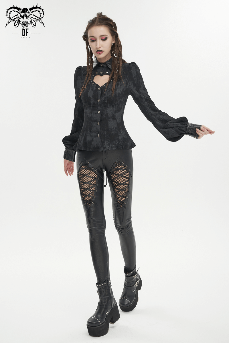 Gothic long sleeve lace-up back blouse for women, featuring a heart cutout and paired with edgy black leggings.
