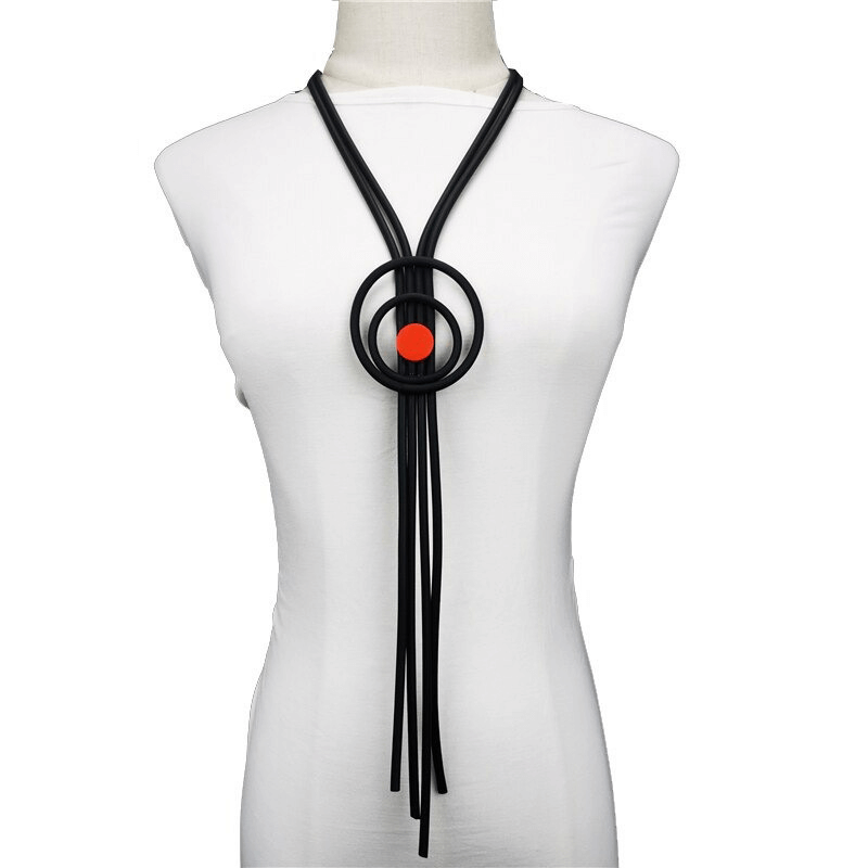 Handmade gothic long tassel necklace featuring black rubber design with a pop of red for stylish women.
