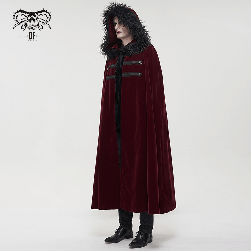 Gothic Male Coat With Buttons & Lace On The Chest / Warm Wine Red Long Cloak With Hooded Faux Fur - HARD'N'HEAVY