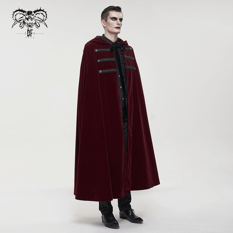 Gothic Male Coat With Buttons & Lace On The Chest / Warm Wine Red Long Cloak With Hooded Faux Fur - HARD'N'HEAVY