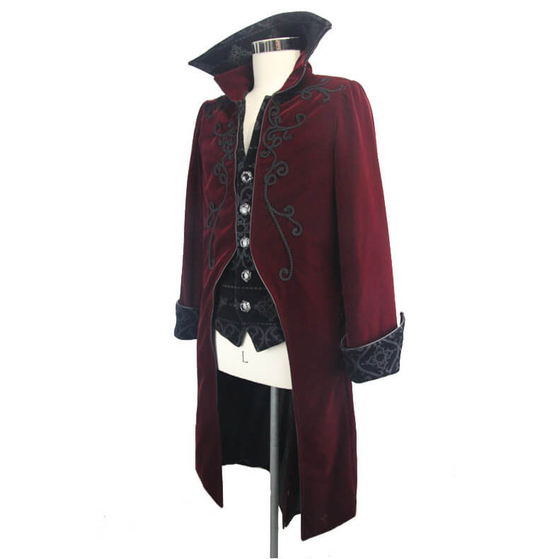 Gothic Male Coat with Stand Collar / Steampunk Men's Wine Red Velvet Tailcoats - HARD'N'HEAVY