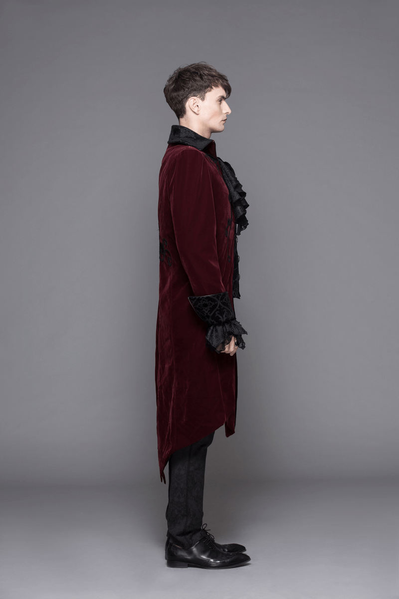 Gothic Male Coat with Stand Collar / Steampunk Men's Wine Red Velvet Tailcoats - HARD'N'HEAVY