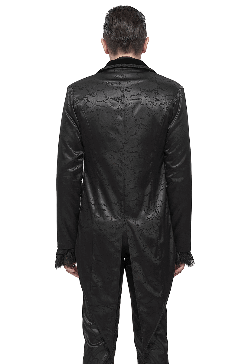 Back view of a gothic men's black two-piece coat with lace and vintage pattern details.