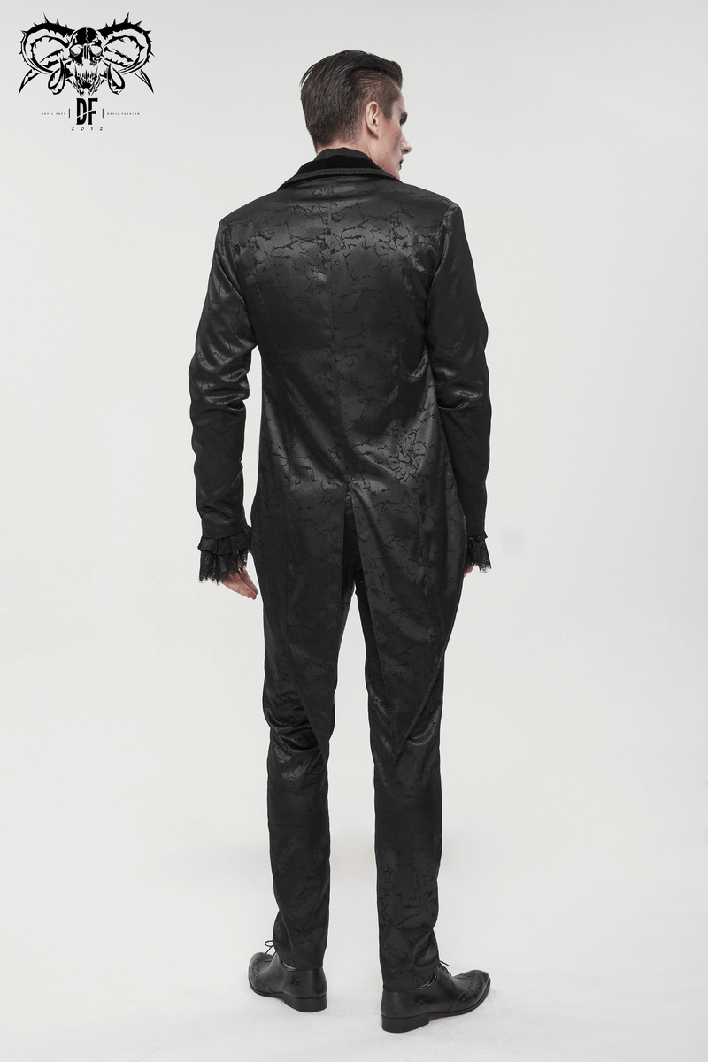 Gothic male slim black two-piece coat with vintage patterned design, featuring buttons and lace.