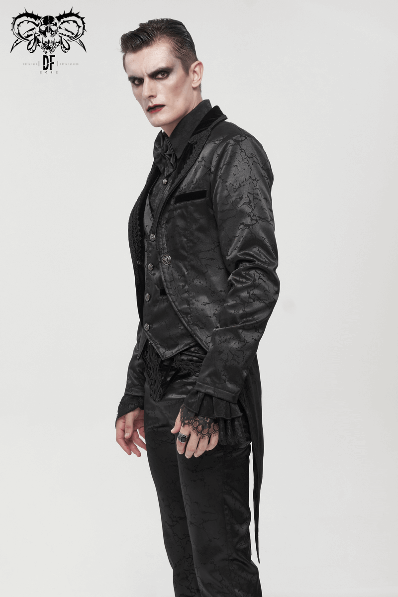 Gothic male model in a stylish black two-piece coat with intricate vintage patterns and elegant buttons.