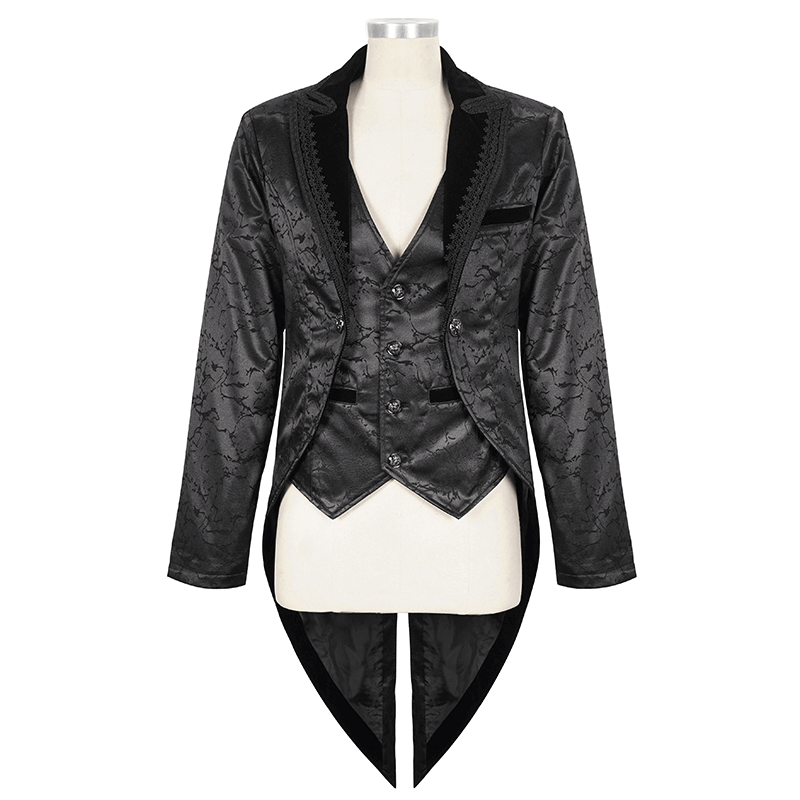 Gothic male two-piece black coat with vintage design, buttons, and lace details.