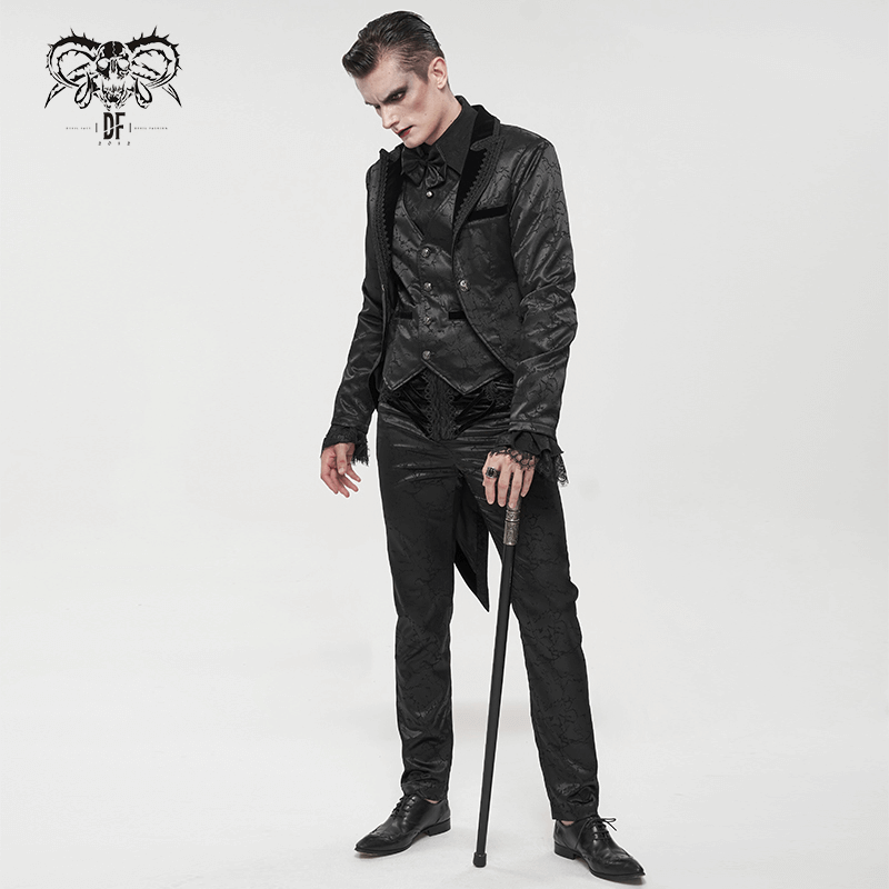Gothic male model in a black two-piece coat with vintage design and stylish details, perfect for a dramatic look.