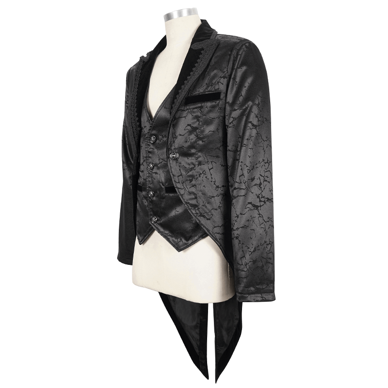 Gothic male slim two-piece black coat with vintage patterns, buttons, and lace details.