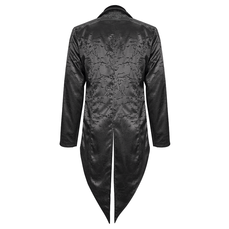 Back view of a gothic men's black two-piece coat with a vintage design and intricate pattern.
