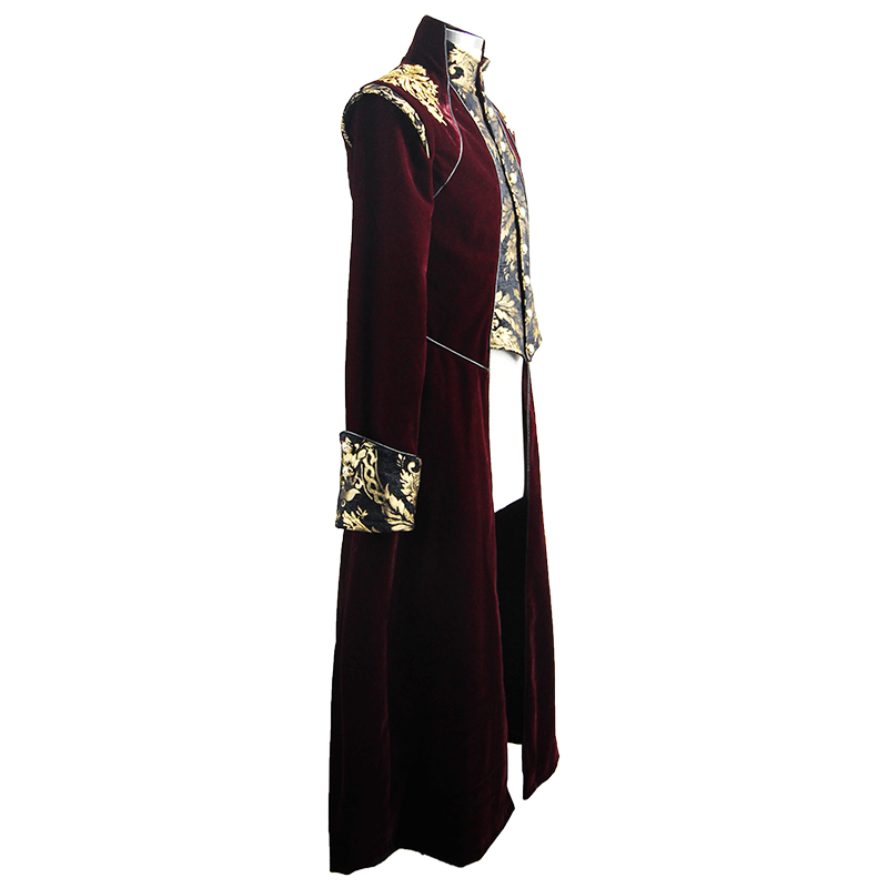 Gothic male wine red long tail coat with gold patterns, stylish and vintage design for men.