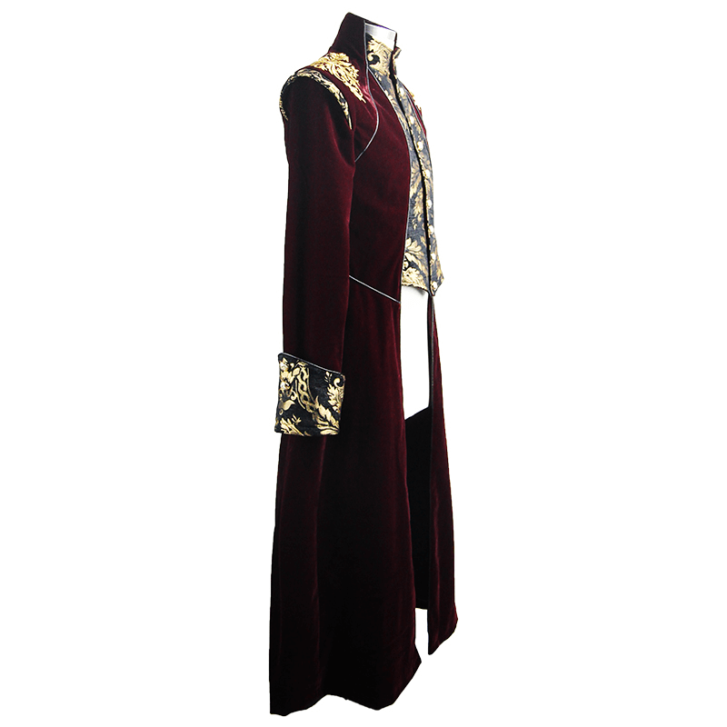 Gothic Male Wine Red Long Tail Coat / Vintage Coat with Gold Patterns on Front and Shoulders for Men - HARD'N'HEAVY