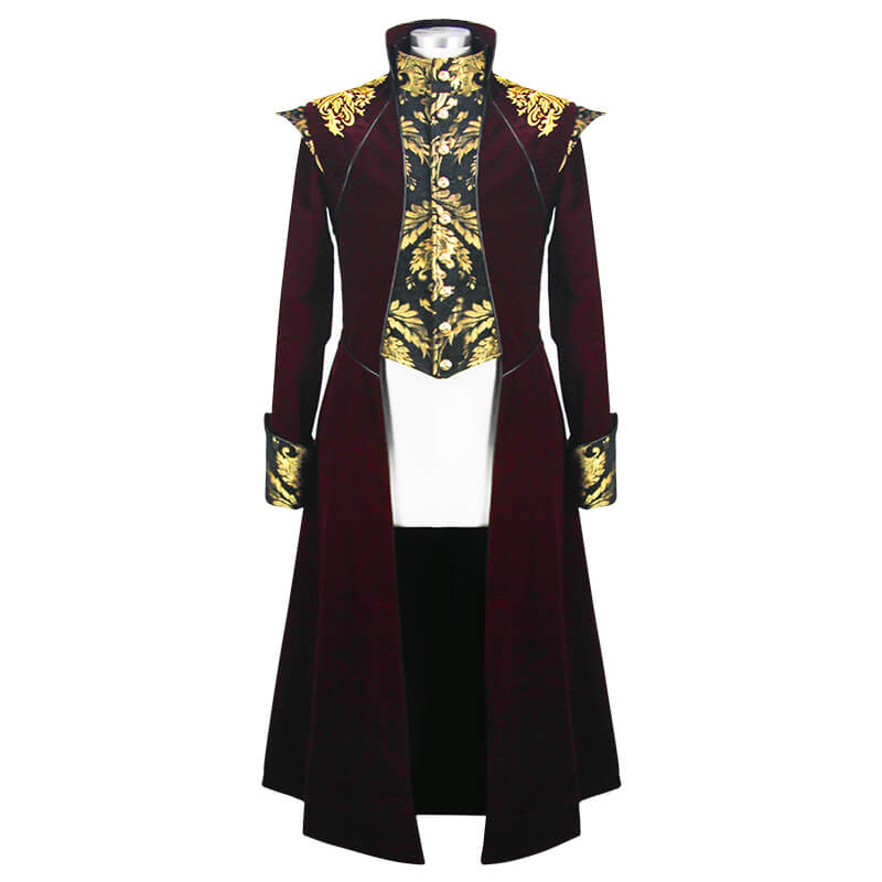 Gothic men's wine red long tail coat with gold patterns on front and shoulders, vintage style coat.