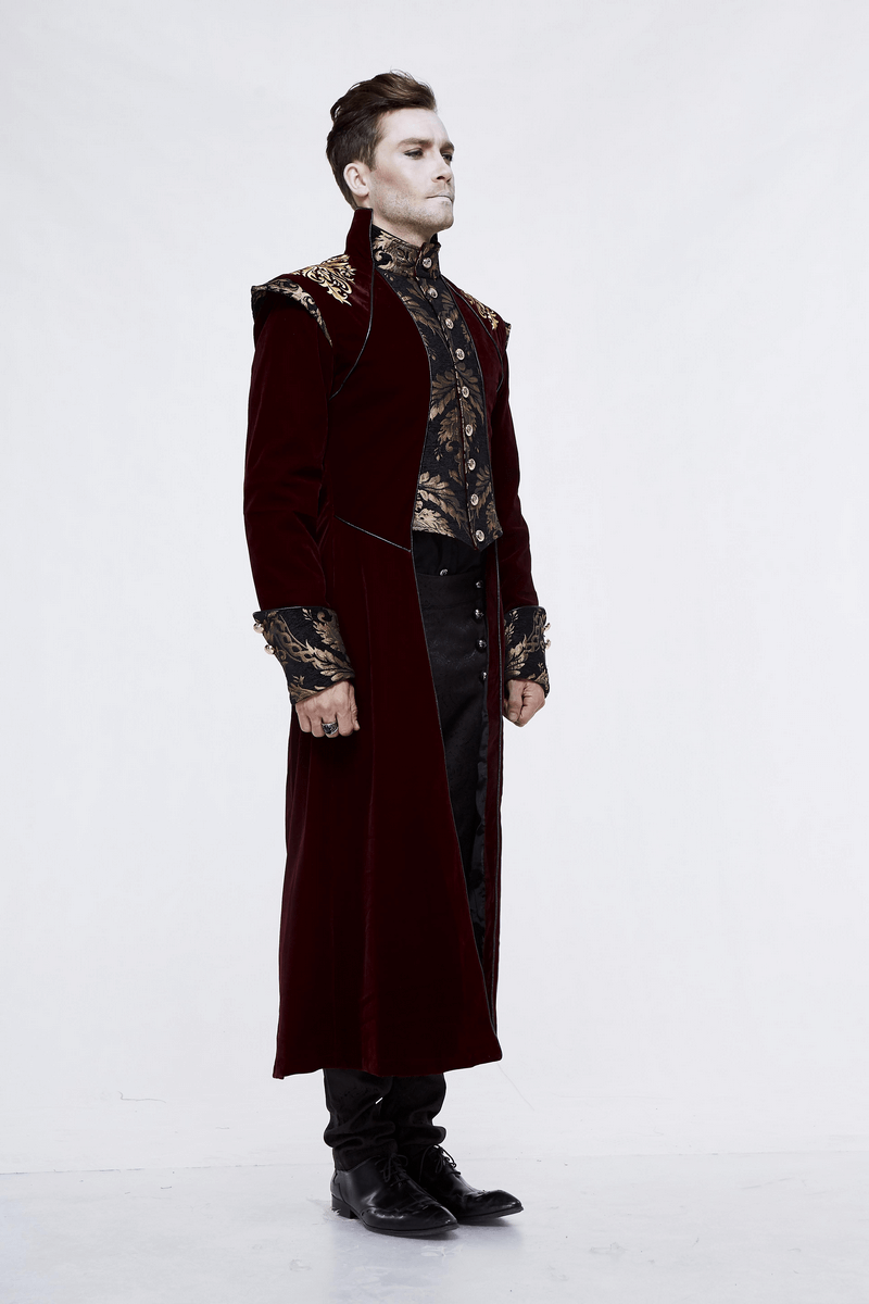 Stylish male model wearing a wine red long tail gothic coat with gold patterns, showcasing vintage fashion.