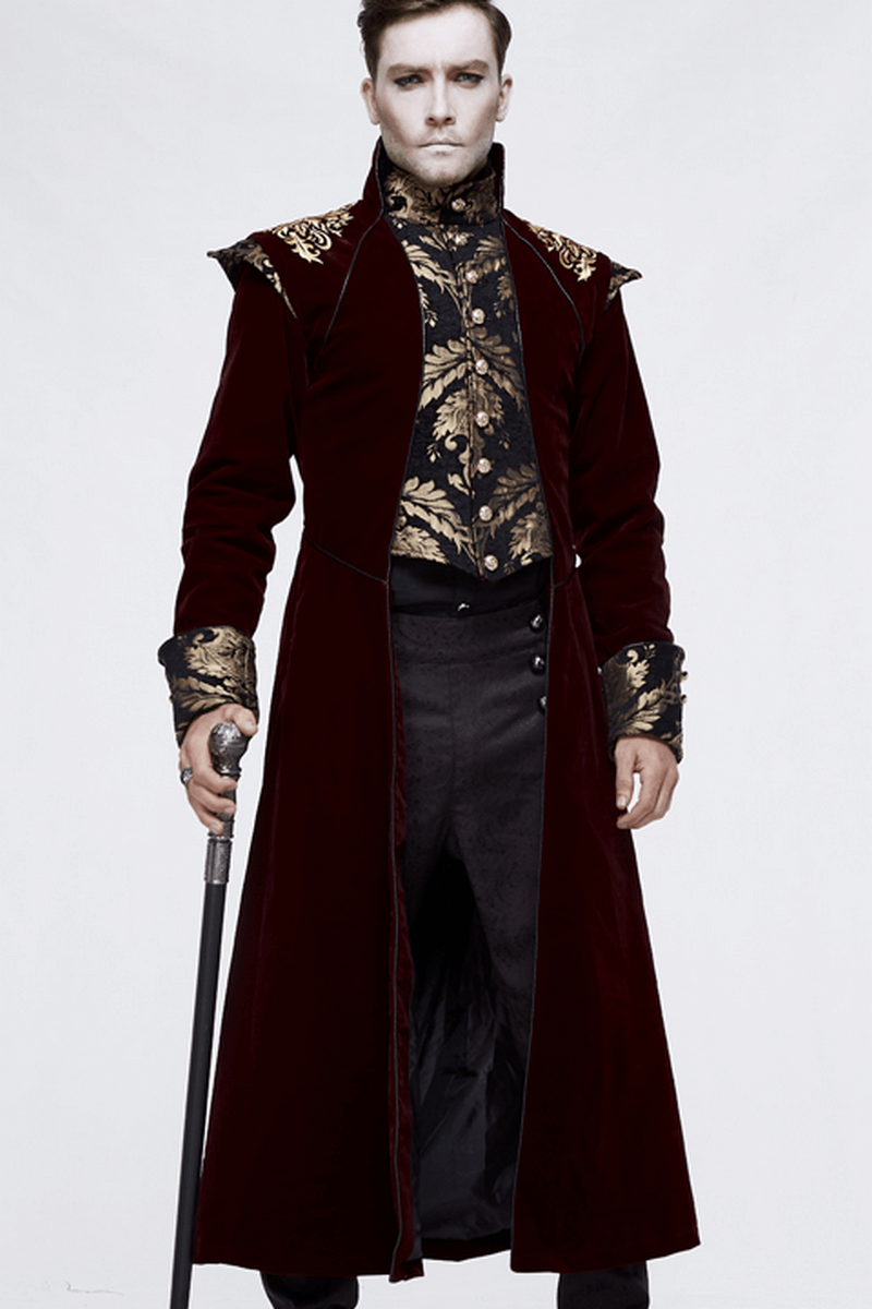 Gothic Male Wine Red Long Tail Coat / Vintage Coat with Gold Patterns on Front and Shoulders for Men - HARD'N'HEAVY