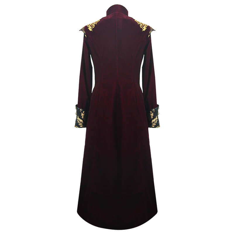 Back view of a men's wine red gothic long tail coat with gold patterns on shoulders and sleeves.