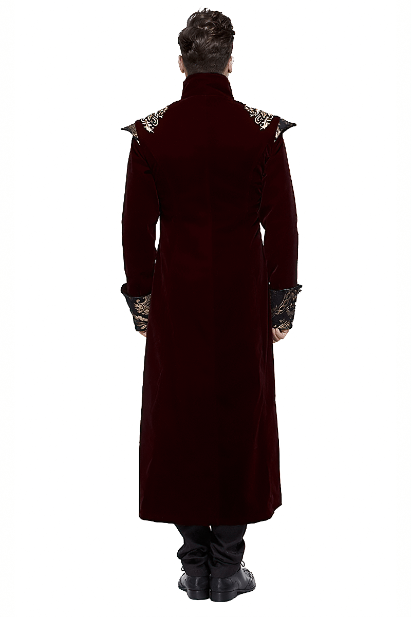 Men's wine red long tail coat with golden patterns, showcasing vintage gothic style from the back.