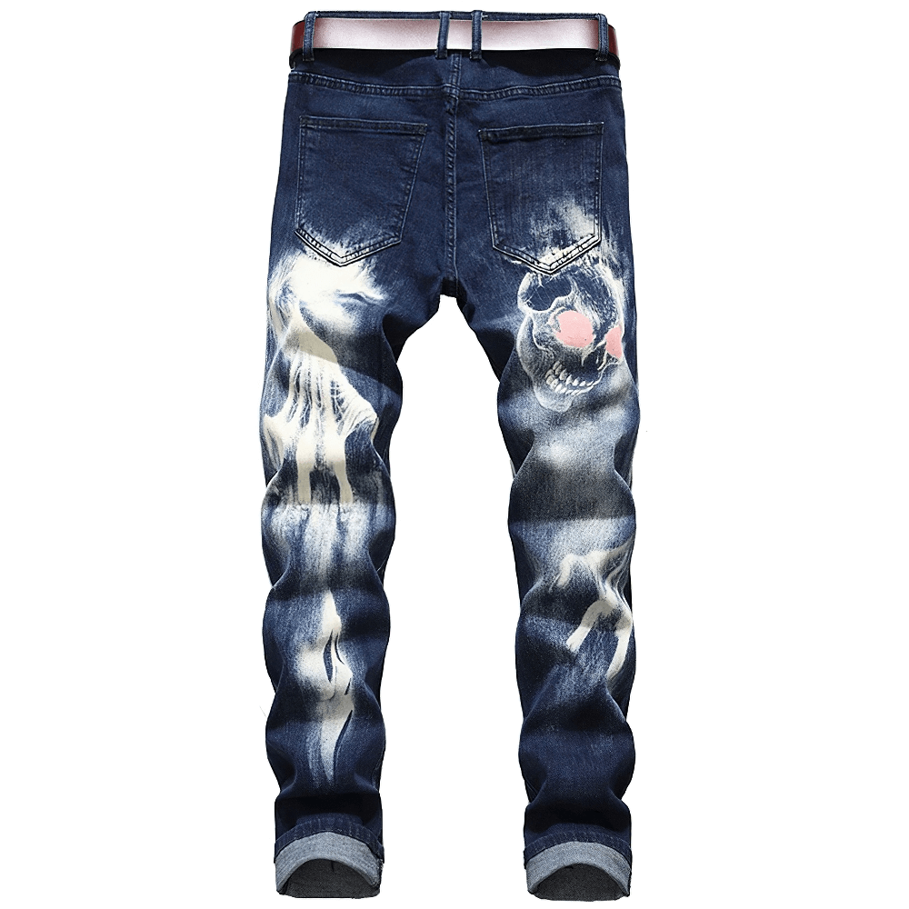 Gothic men's stretch jeans with 3D print, slim fit, stylish design, showcasing unique artwork on dark denim.
