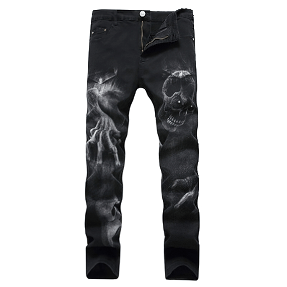 Gothic men's stretch jeans with 3D skull print, stylish slim straight trousers for a trendy look.