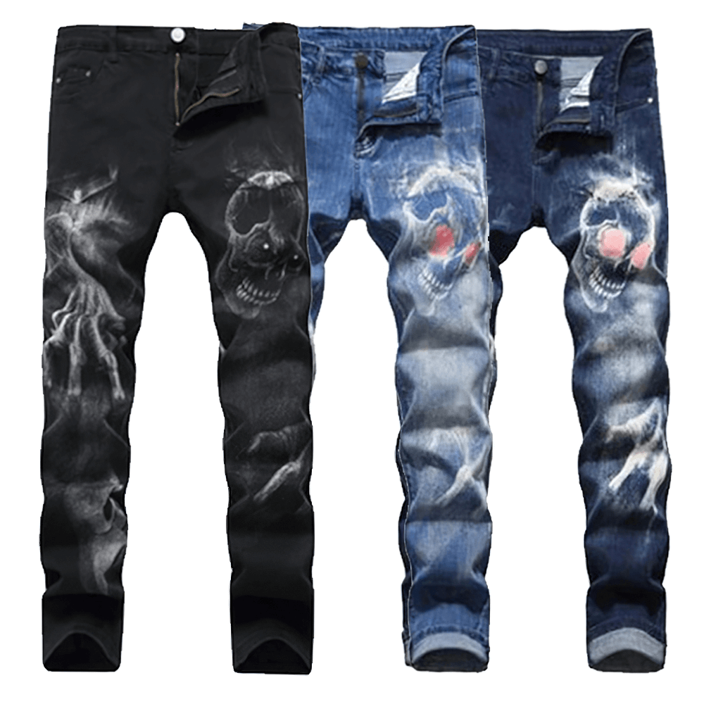 Gothic men's stretch jeans with 3D skull print in black, blue, and dark blue, perfect for a stylish edgy look.