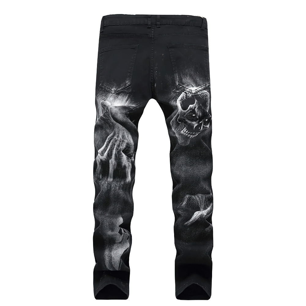 Gothic men's slim stretch jeans with 3D skull and hand print on the back, perfect for a trendy look.