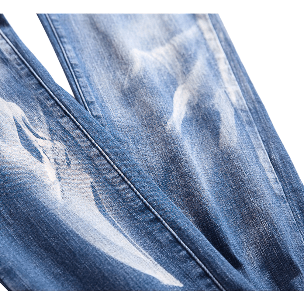Gothic men's stretch jeans featuring a stylish 3D print design on slim straight denim trousers.