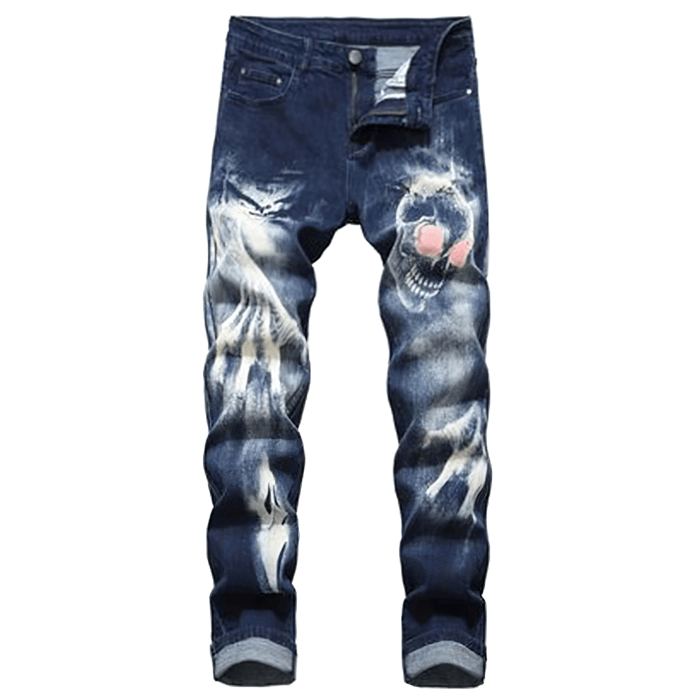 Gothic men's stretch jeans with 3D skull print, trendy slim fit for a stylish look.