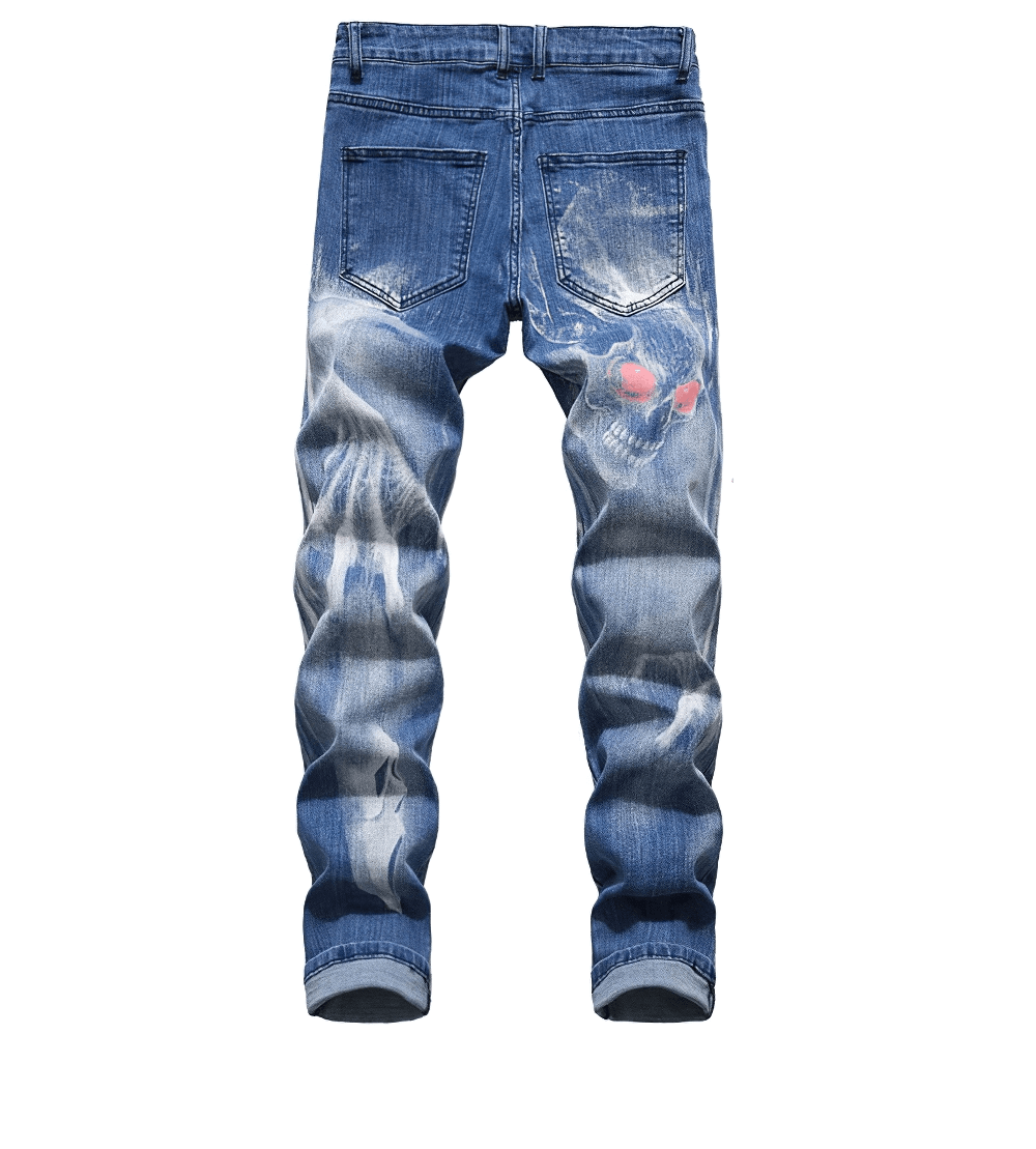 Gothic men's stretch jeans featuring a stylish 3D print skull design on the back, perfect for a trendy look.