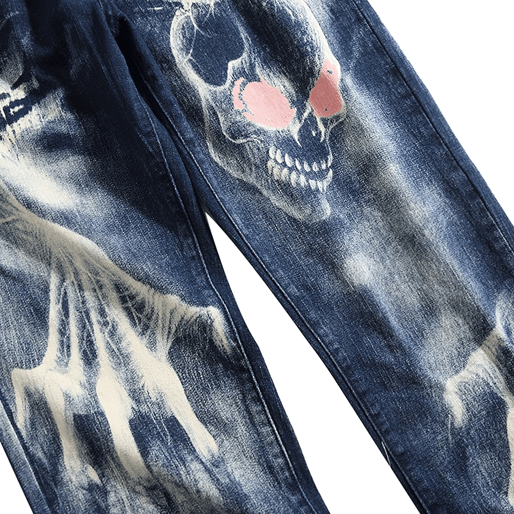 Gothic men's stretch jeans featuring a skeletal 3D print design and slim straight cut for a stylish look.