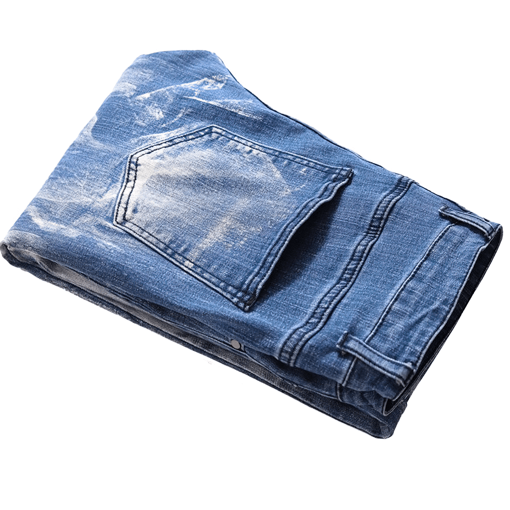 Folded gothic men's stretch jeans showcasing a slim fit and stylish 3D print detail.