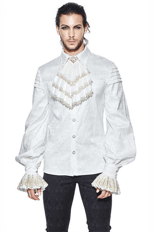 Weißes Gothic-Hemd für Herren mit Krawatte und Spitzenrüschen an den Manschetten / Hemden mit Vintage-Muster und Metallknöpfen